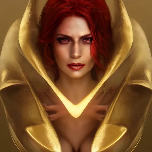 Image similar to redhead vampire sorceress, perfect face, gold shirt, cinematic, stunning, highly detailed, digital painting, artstation, smooth, hard focus, illustration, art by artgerm and greg rutkowski and alphonse mucha, volumetric lighting, octane render, 4 k resolution, trending on artstation, masterpiece