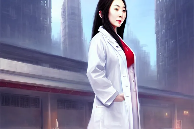 Prompt: an elegant and beautiful chinese female doctor in a white coat in front of a hospital building, cinematic, highly detailed, digital painting, artstation, concept art, matte, sharp focus, illustration, art by artgerm and greg rutkowski