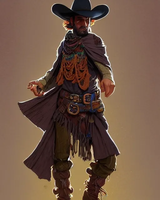 Prompt: misterious cowboy gaucho with a raggy knit poncho. magic the gathering style, intricate, highly detailed, digital painting, artstation, concept art, sharp focus, illustration, geometric dripped ink background, hearthstone, art by Artgerm and Greg Rutkowski and Alphonse Mucha