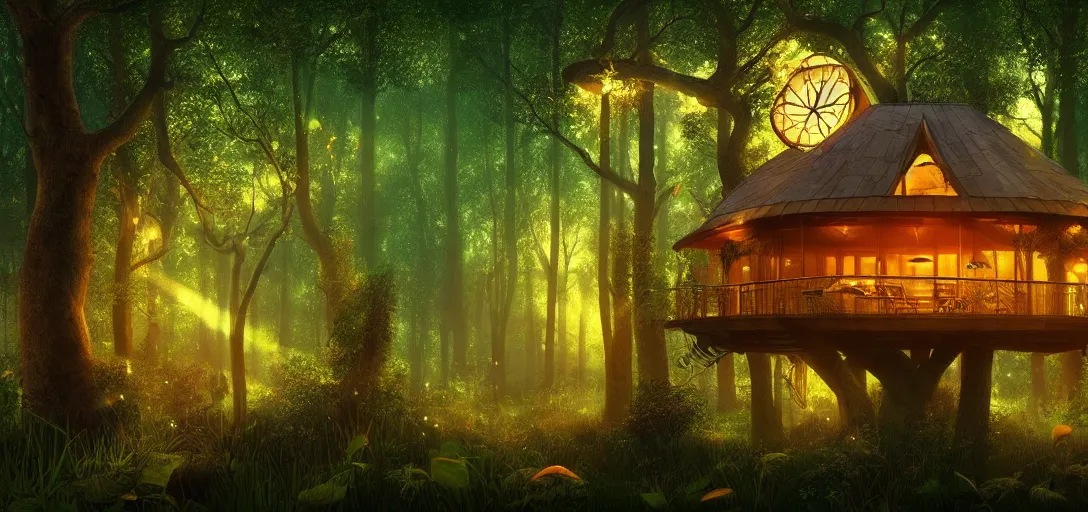 Image similar to beautiful forest, treehouse with glowing round windows, ray tracing, god rays, fireflies, mystical feeling, detailed, digital art