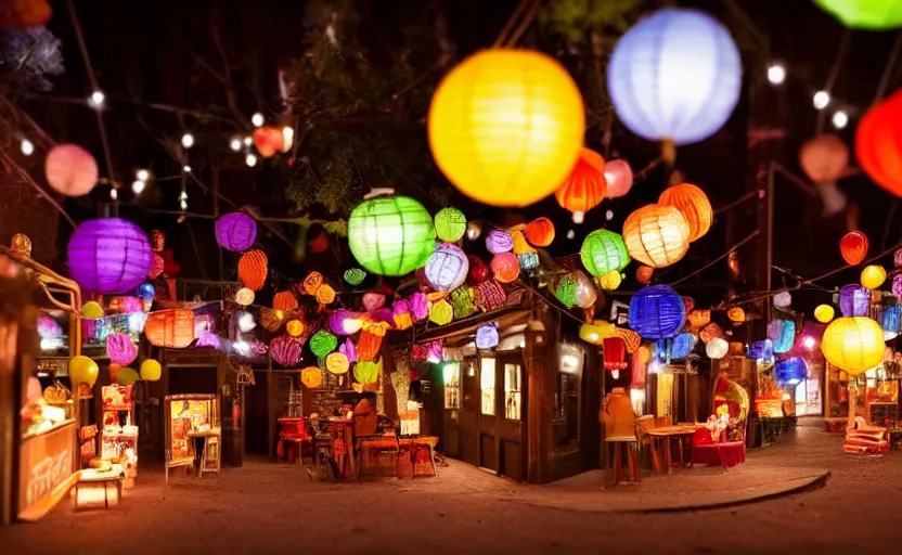 Image similar to mini cafe diorama macro photography, alleyway, ambient, colorful paper lanterns, string lights, romantic