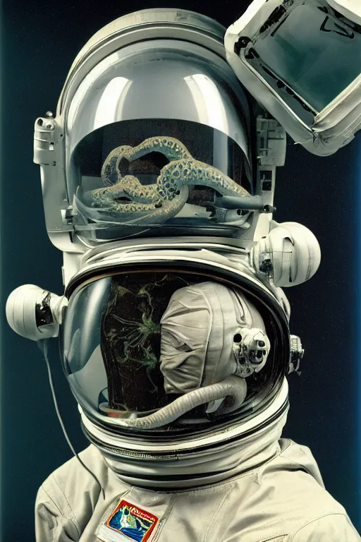 Prompt: extremely detailed studio portrait of space astronaut, alien tentacle protruding from eyes and mouth, slimy tentacle breaking through helmet visor, shattered visor, full body, soft light, plain studio background, disturbing, shocking realization, award winning photo by philippe halsman