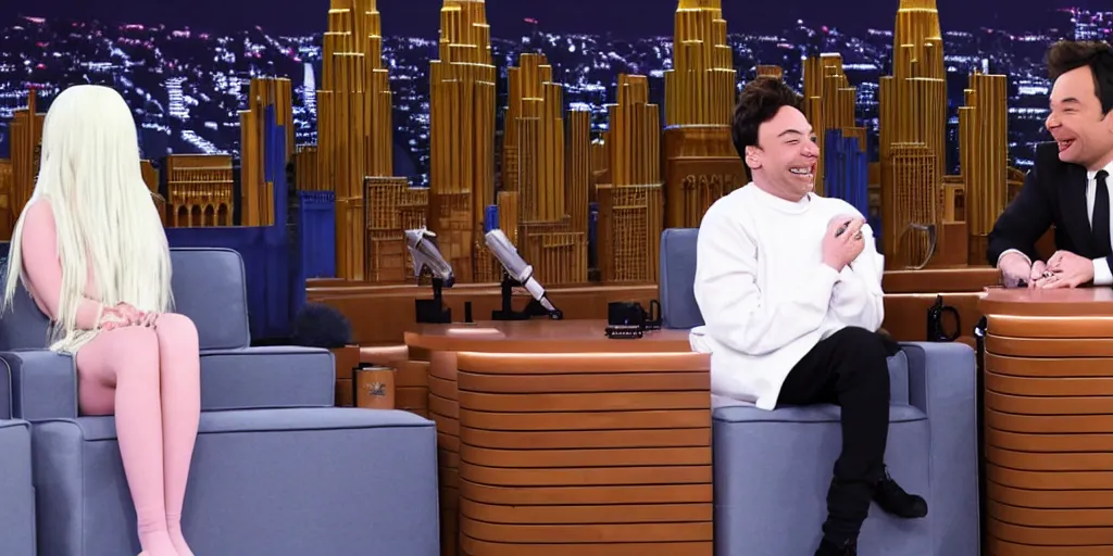 Image similar to Billie Eilish and Jimmy Fallon not wearing any clothes on the tonight show