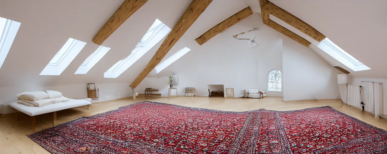 Prompt: low ceiling attic, white painted ceiling, with 2 rectangular skylights opposing each other, with a large square skylight in the back right corner of the room, with exquisite turkish and persian rugs, polished plywood floor, XF IQ4, 150MP, 50mm, F1.4, ISO 200, 1/160s, natural light