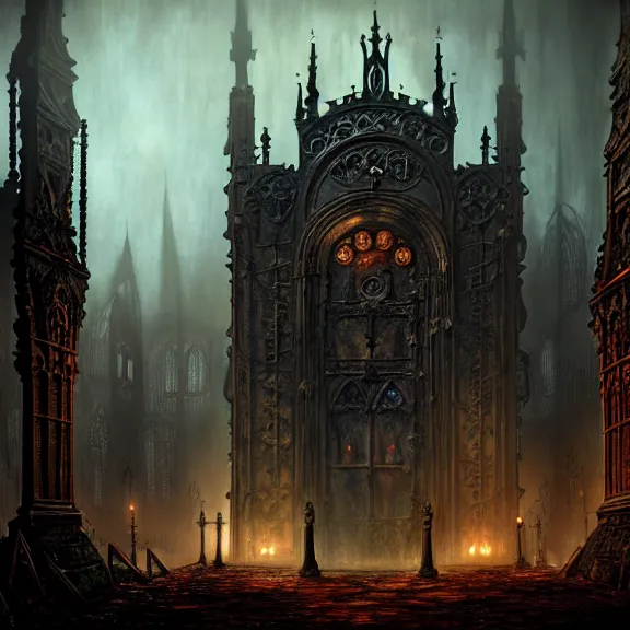 Image similar to steam necropolis, memento mori, gothic, neo - gothic, art nouveau, hyperdetailed copper patina medieval icon, stefan morrell, philippe druillet, ralph mcquarrie, concept art, steampunk, unreal engine, detailed intricate environment, octane render, moody atmospherics, volumetric lighting, ultrasharp, ominous, otherworldly