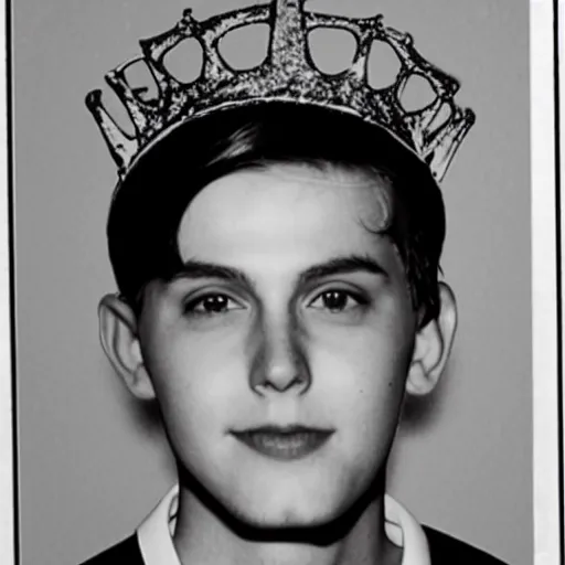 Image similar to a yearbook photo of Jughead Jones in 1966, he is wearing a paper crown