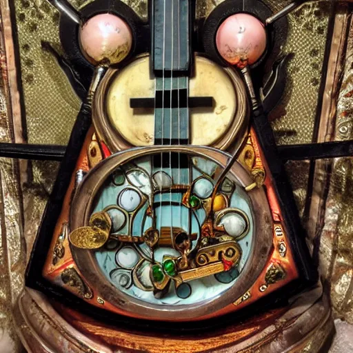 Image similar to photo of an eccentric steampunk electric guitar with ornaments, ultra realistic, vapor tubes, clock, mucha, art deco, art nouveau, neo goth, goth, cyberpunk