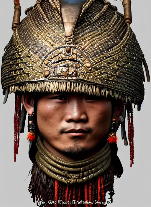 Image similar to tai warlord closeup portrait, historical, ethnic group, traditional tai costume, bronze headset, leather armor, fantasy, intricate with big agate beads and dong son bronze artifacts cross onbare chest, elegant, loin cloth, highly detailed oil painting