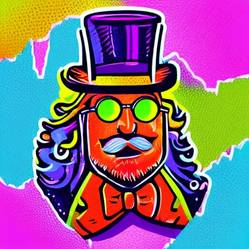 Prompt: Neon hipster man with beard looking smug with quaffed hair and a top hat, sticker, highly detailed, colorful, illustration, smooth and clean vector curves, no jagged lines, vector art, logo, intricate, deliberate