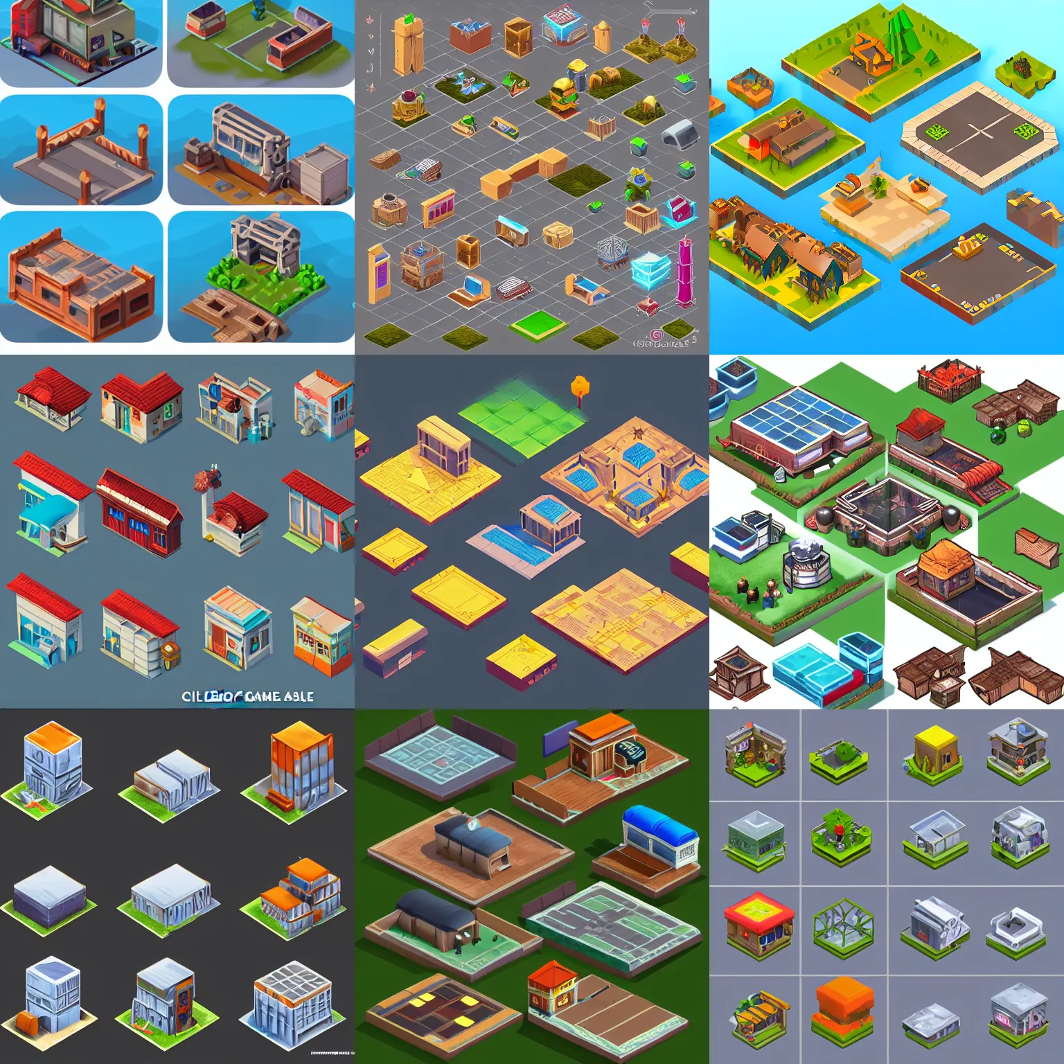 Prompt: collection of isometric building assets, modular game dev art