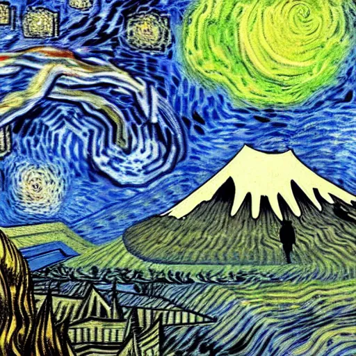 Prompt: a volcano at night, artwork by junji ito and van gogh, junji ito, van gogh