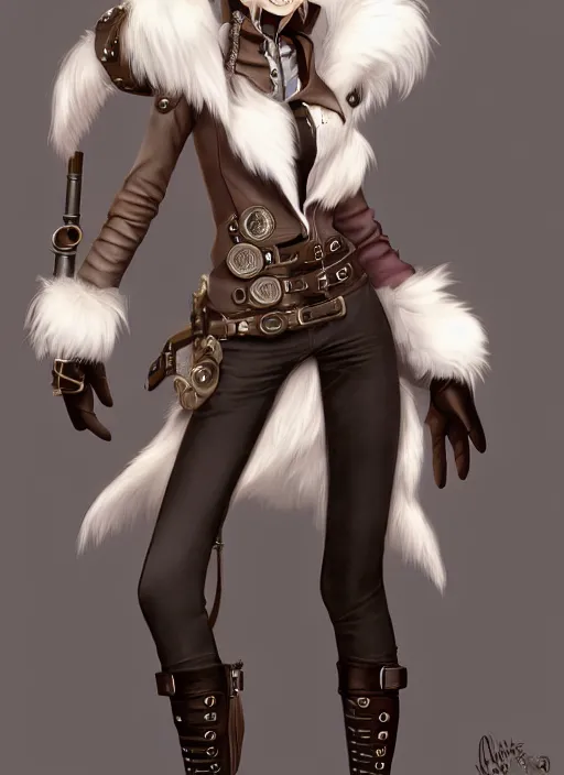 Image similar to wide angle beautiful full body portrait of a strong female anthropomorphic anthro lynx fursona wearing a steampunk leather. from behind, character design by disney, anime, manga, charlie bowater, ross tran, artgerm, and makoto shinkai, detailed, soft lighting, rendered in octane, white fur, white face, lynx facial features
