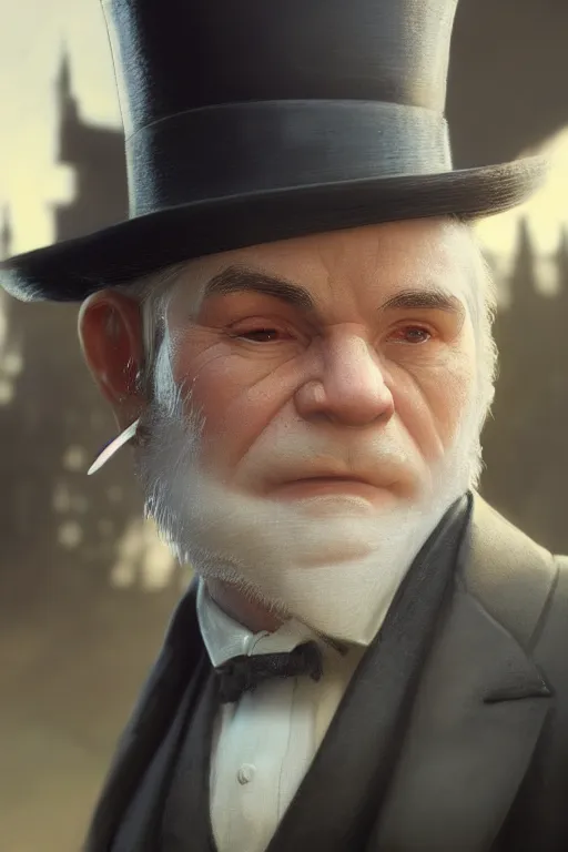 Prompt: A closeup of a short old halfling with a suit and top hat with white hair by Greg Rutkowski, 4k photorealistic, volumetric lighting, HD, high details, dramatic, trending on artstation
