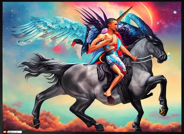 Image similar to obama riding an unicorn, by tristan eaton stanley artgerm and tom bagshaw.