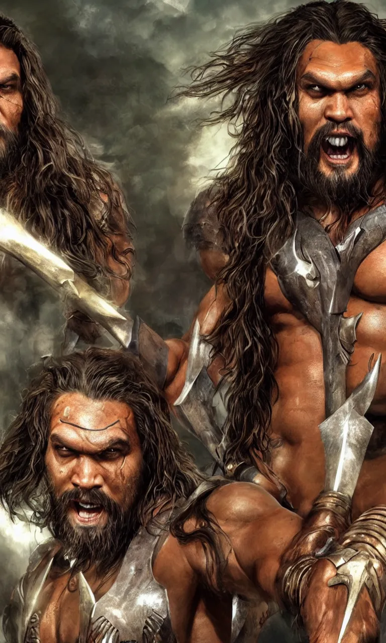 Prompt: hyper realistic digital painting of jason momoa as conan the barbarian by simon bisley, vivid color scheme, unreal engine 5