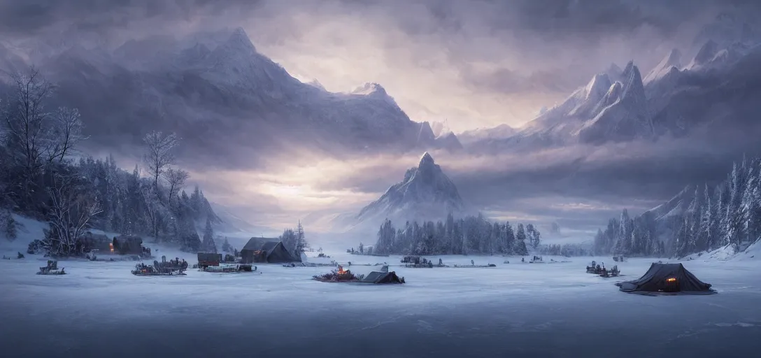 Image similar to beautiful render of a winter landscape, unreal engine, first light, majestic mountains, frozen lake, snow, dramatic clouds, encampment, soft light, by greg rutkowski, cgsociety