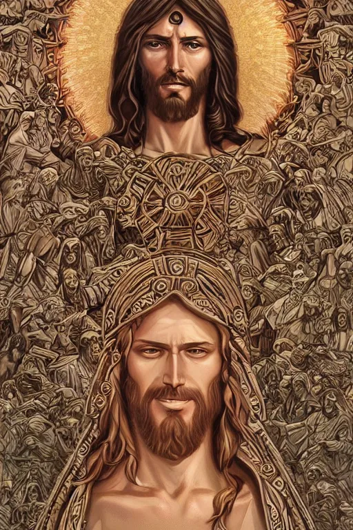 Prompt: jesus of nazareth, symmetrical, religious art, artgerm! and moebius and jodorowsky, trending on artstation,