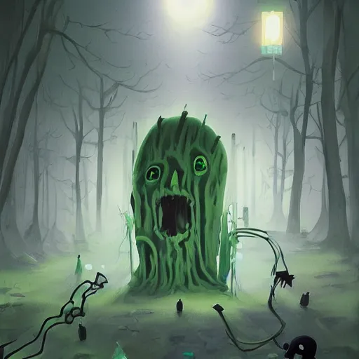 Image similar to a being of green ghostly viscous slime ooze making its way through abandoned midnight streets, skeletal ghosts, wisp lights, rhads,