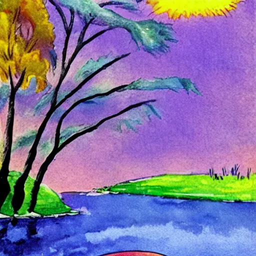 Image similar to a landscape with a purple sun with cotton candy trees flying ducks, the lorax, water color