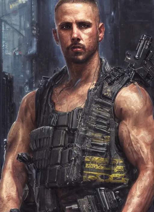 Image similar to 🏋♂ cyberpunk mercenary in a military vest ( blade runner 2 0 4 9, cyberpunk 2 0 7 7 ). orientalist portrait by john william waterhouse and james gurney and theodore ralli and nasreddine dinet, oil on canvas. cinematic, hyper realism, realistic proportions, dramatic lighting, high detail 4 k
