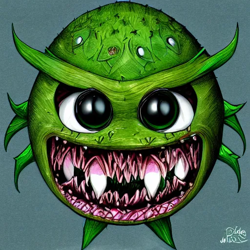 Prompt: Plant thistle monster with wicked smile and amber teeth, green body, digital art style, trending on art station