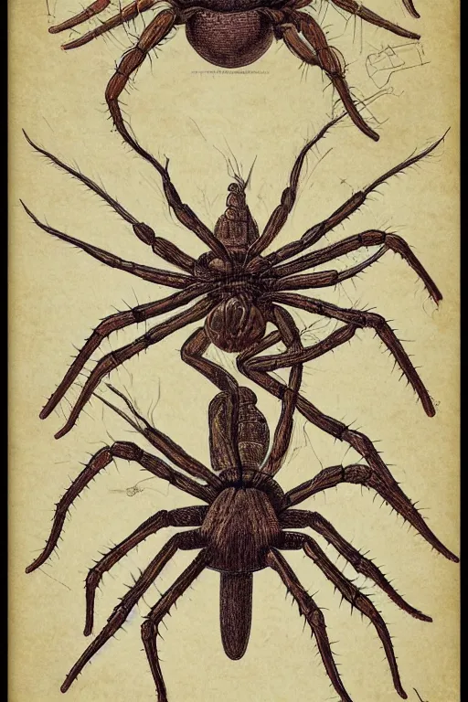 Prompt: anatomical encyclopedia illustration of a disturbing! alien spider, photorealistic, diagram