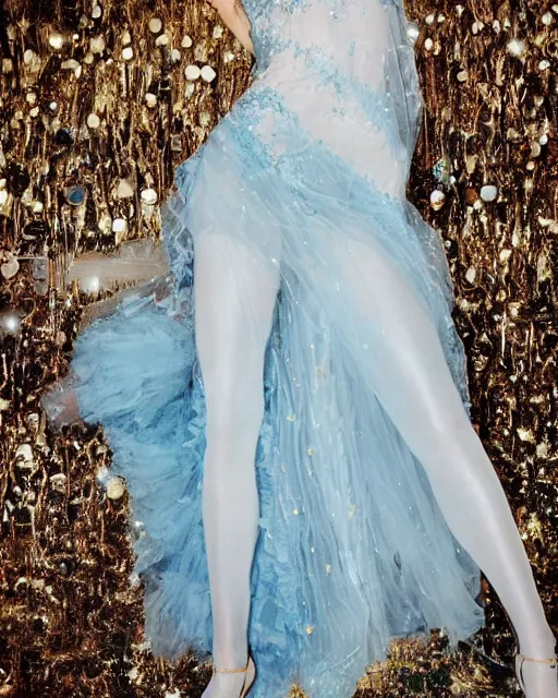 Image similar to annie leibovitz style photoshoot editorial of kendall jenner wearing a fairy dress with cream lace bodice with sleeves of sheer pale blue sequins