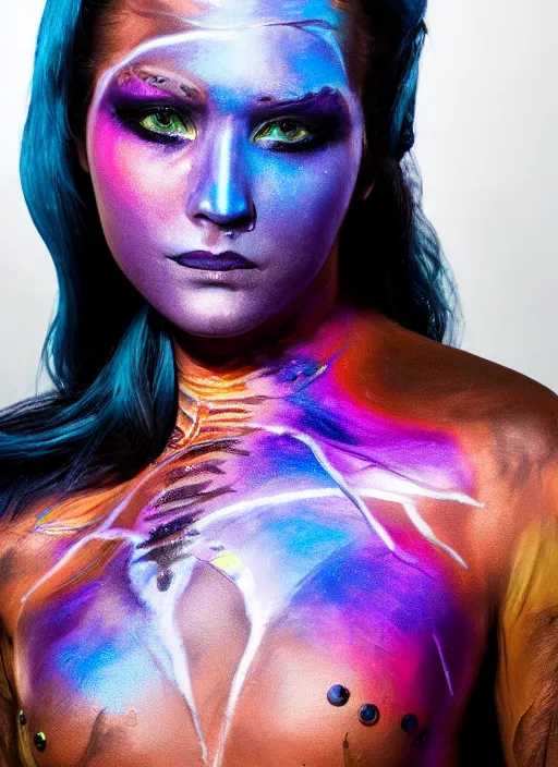 Image similar to iridescent bodypaint on a swashbuckling space pirate, she is wearing a futuristic space bounty hunter clothes, digital art