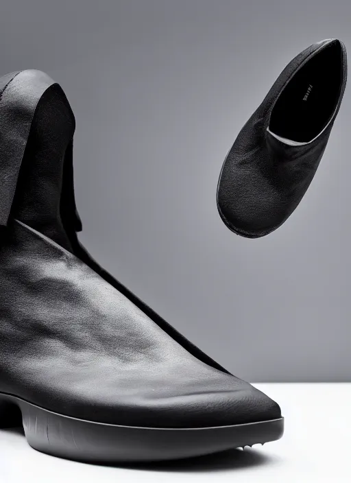 Prompt: hyperrealistic and heavy detailed product photo rick owens shoe of batman, in front of white back drop, whole shoe is in picture, leica sl 2 5 0 mm, vivid color, high quality, high textured, real life