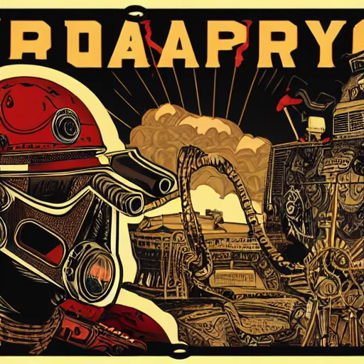 Image similar to Illustrated by Shepard Fairey and H.R. Geiger | Steampunk Mad Max with VR helmet, surrounded by cables