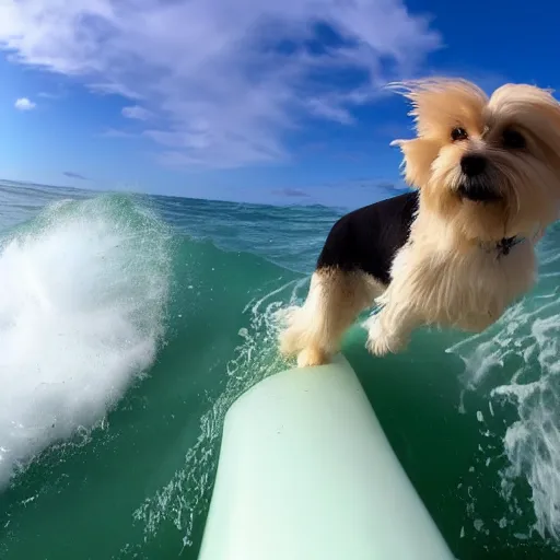 Image similar to a cream-colored havanese dog big wave surfing, gopro photo, 4k