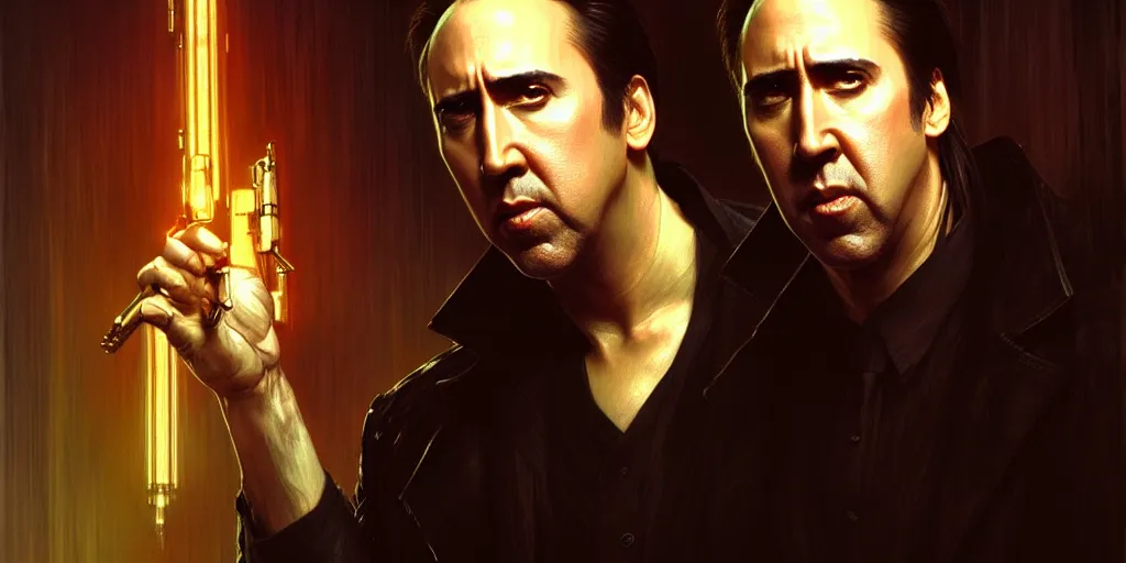 Prompt: nicholas cage as neo, the matrix, cinematic, highly detailed, digital painting, artstation, concept art, matte, sharp focus, illustration, art by artgerm and greg rutkowski and alphonse mucha