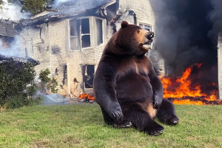 Prompt: disaster baloo the bear standing in front of burning house looking at camera by croxot