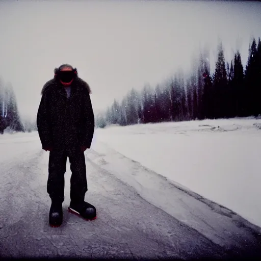 Image similar to photo, old black man wandering in the snow, moncler jacket, ski goggles, wild unkempt hair, mischevious grin, portrait, cold color temperature, snow storm. hazy atmosphere. humidity haze. kodak ektachrome, greenish expired film, award winning, low contrast