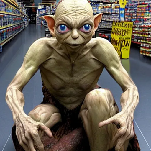 Image similar to gollum has giant chicken legs instead of his legs in a walmart