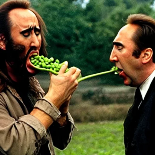 Image similar to nicolas cage screaming with a mouth full of peas, movie still, the wicker man