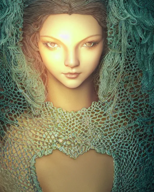 Prompt: macro closeup headshot of a beautiful seductive crochet doll wearing full plate armor, d & d, fantasy, rim light, volumetric lighting, digital painting, artstation, concept art, smooth, sharp focus, illustration, art by arney freytag, glamour pose, greg rutkowski, maxfield parrish and alphonse mucha, sunrise, new art nouveau, soft ambient lighting, particle effects
