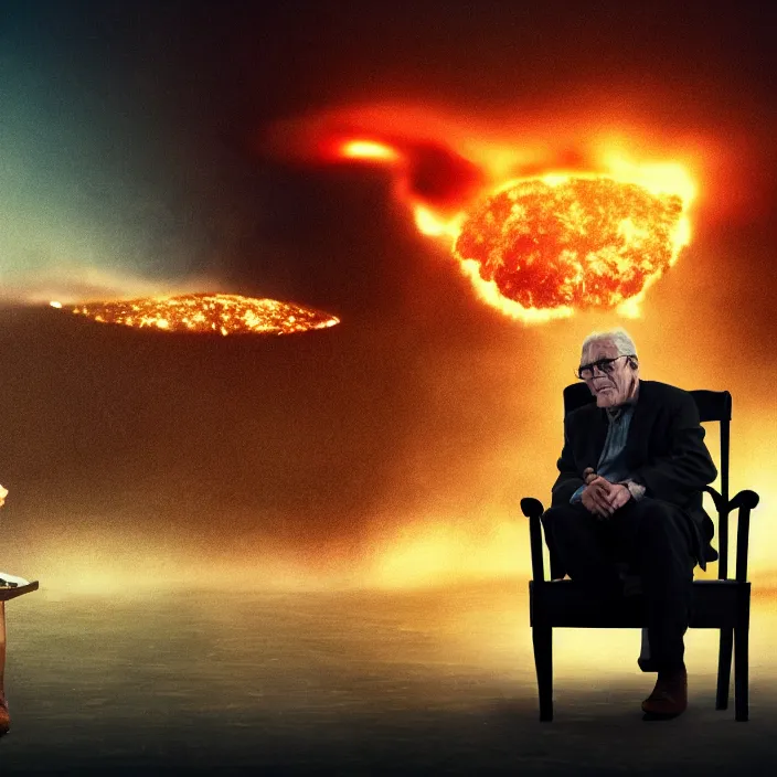 Image similar to cinematic movie, background blur bokeh, old man sitting in chair with black cat watching nuke explosion, world ending nuke, 4 k