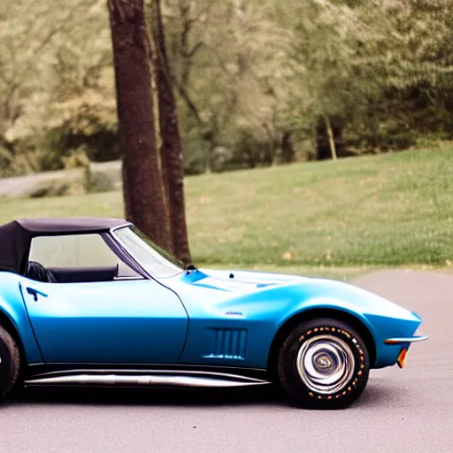 Image similar to blue 1 9 6 9 corvette and a silver 1 9 9 9 miata. 3 5 mm 8 k