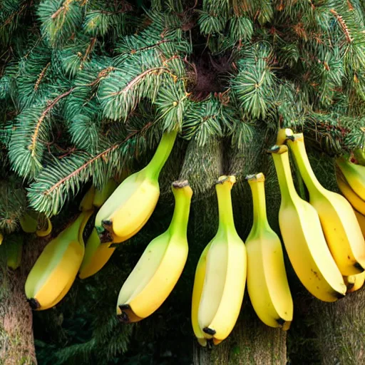 Prompt: 1 5 bananas hanging from a spruce tree, photograph, high quality, 4 k, uhd