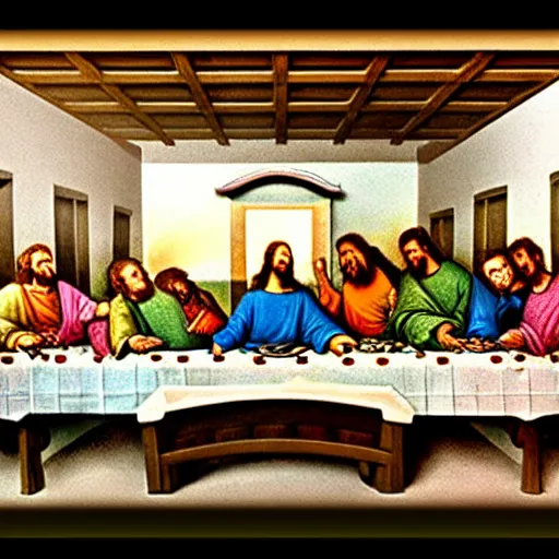 Image similar to real life footage of the last supper but everyone is drunk and high, real event, historical event, realistic, hdr, clear image,