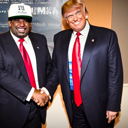 Image similar to patrice o'neal and donald trump shaking hands while smiling and laughing, ultra realistic, 8 k, photorealistic