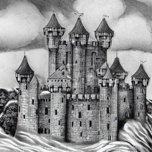 Prompt: looming castle under a cloudy sky where nary a ray escapes the god's frown