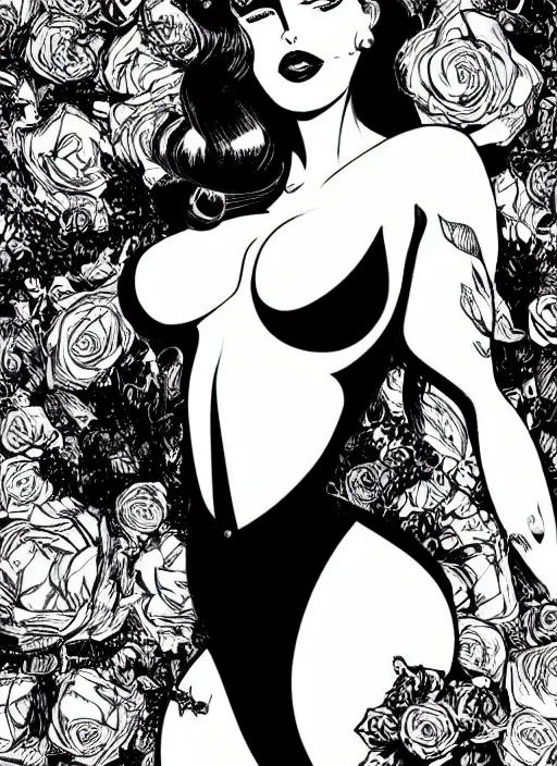 Prompt: closeup portrait of seductive goddess varga jessica rabbit posing, roses, tension, jim lee, frank miller, night club, futurepunk, pinup, nagel, glamour pose, moebius, gta v, dan mumford, mucha, nagel, fantasy tarot card, d & d, neon, black paper, vibrant, greg rutkowski,