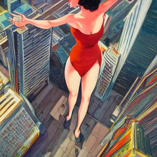 Image similar to woman, city, looking down, street top view, by rossdraws, enoch bolles