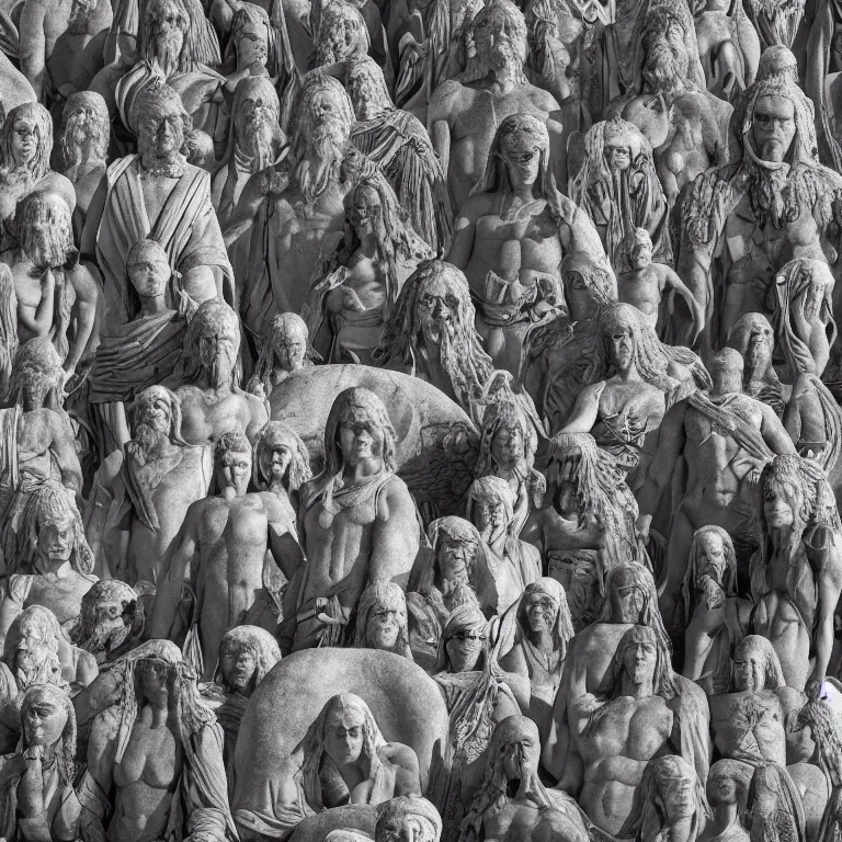 Image similar to octane render portrait by wayne barlow and carlo crivelli and glenn fabry, a huge crowd of people in giant black wavy billowing cult robes inside an ancient greek mystery cult worshipping around giant stone idol, cinema 4 d, ray traced lighting, very short depth of field, bokeh