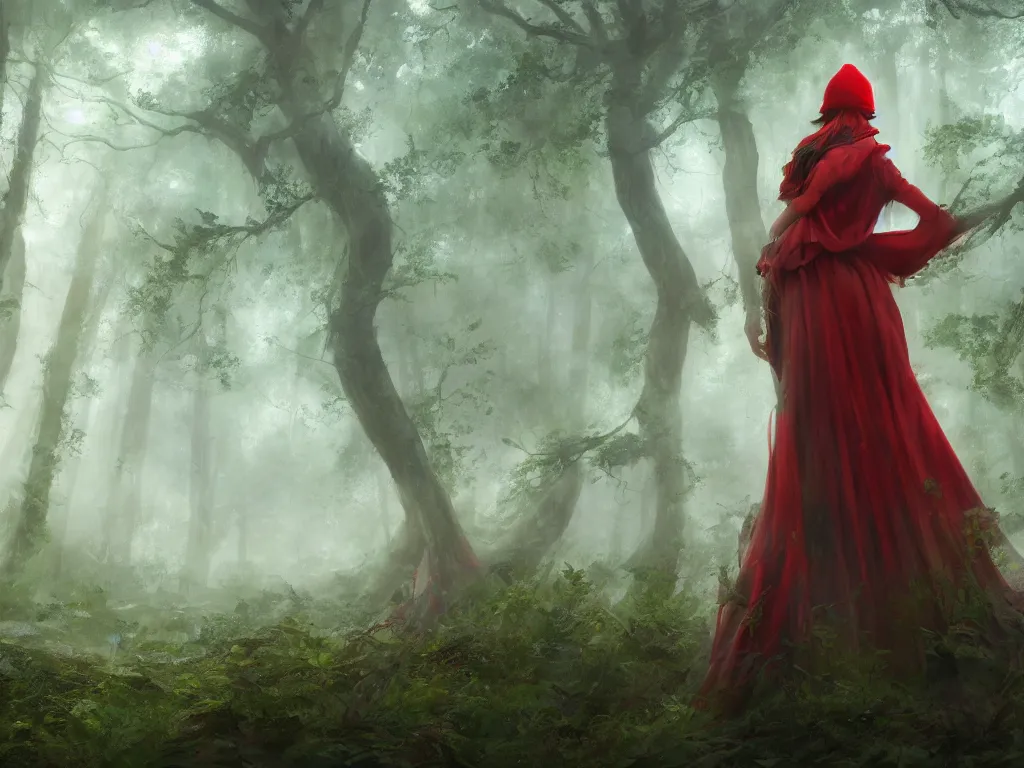 Image similar to a female beauty with red cap rides slowly through a dense misty green oak and beech forrest, rays of life, cinematic, fantasy art, moody morning light, cryengine, trending on artstation, by cynthia sheppard, by naoto hatori, by tyler jacobson, by john howe, by ridley scott, by peter jackson, by chris rahn