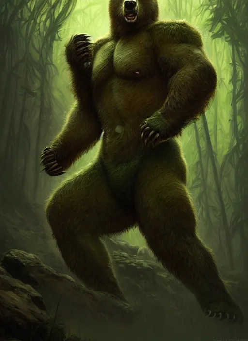 Prompt: portrait of aggressive bear humanoid, d & d, muscular! green, fantasy, intricate, elegant, highly detailed, digital painting, artstation, concept art, smooth, sharp focus, illustration, art by artgerm and greg rutkowski and alphonse mucha