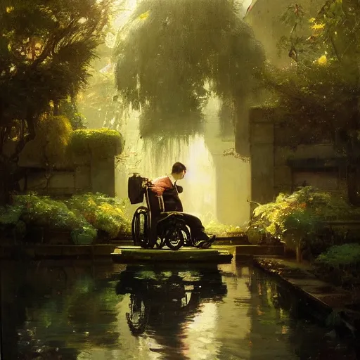 Image similar to handsome portrait of a wheelchair guy fitness posing, radiant light, caustics, war hero, smooth, one legged amputee, reflective water koi pond, ghost in the shell, lush garden surroundings, by gaston bussiere, bayard wu, greg rutkowski, giger, maxim verehin