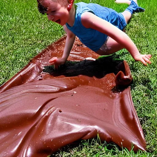 Image similar to kid going down chocolate pudding slip n slide head first, photo taken at the park